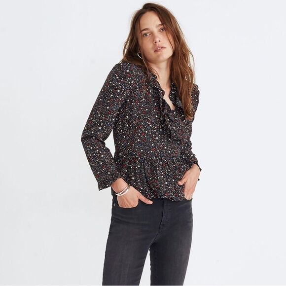 Madewell Silk Ruffle Hem Wrap Top/Blouse. Starry Night Pattern. Size XS. - Picture 1 of 15